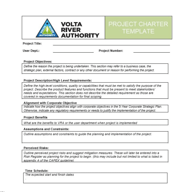 project charter template example volta river authority